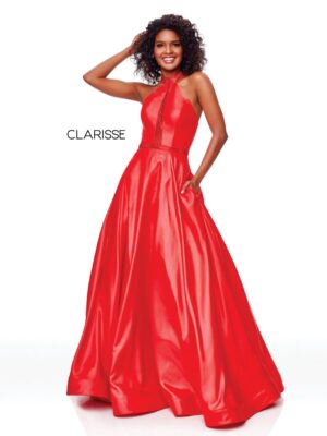 Model wears red ballgown