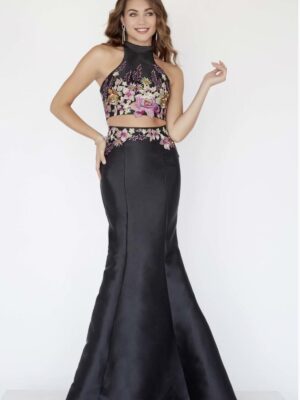 Model wears two-piece mermaid dress