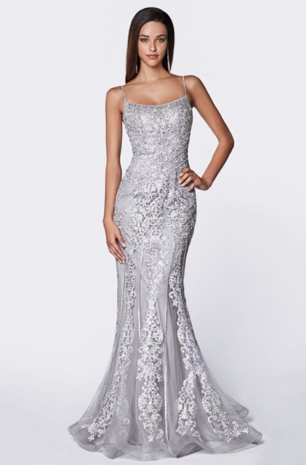 Model wears silver lacy dress