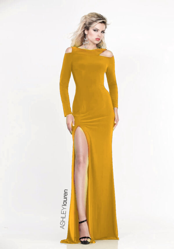 model wears long sleeved yellow dress