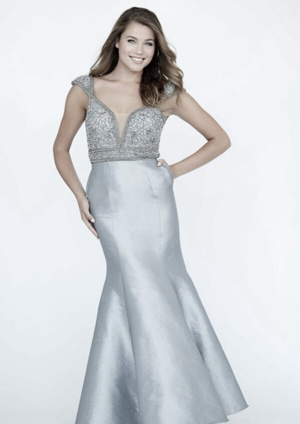 Model wears gray taffeta mermaid gown