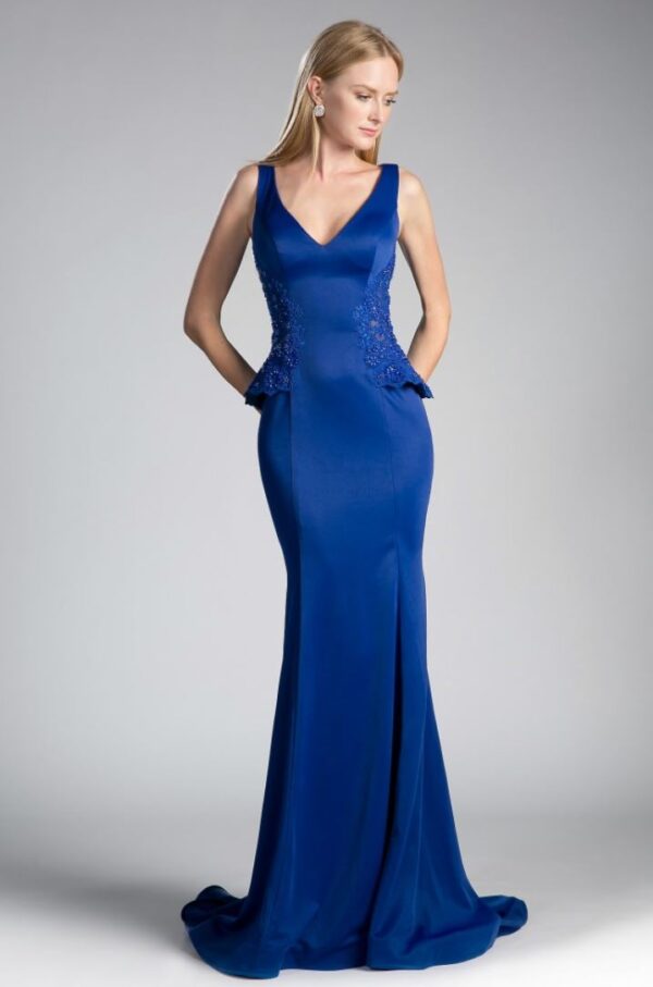 Blue knit dress on model