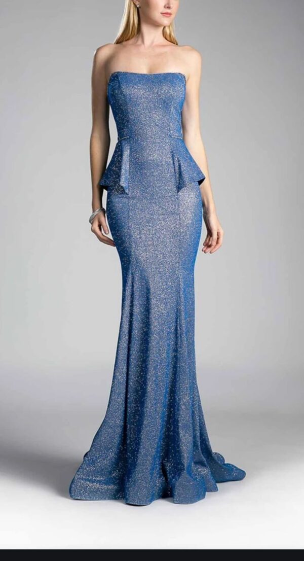 Blue strapless glittery dress on model