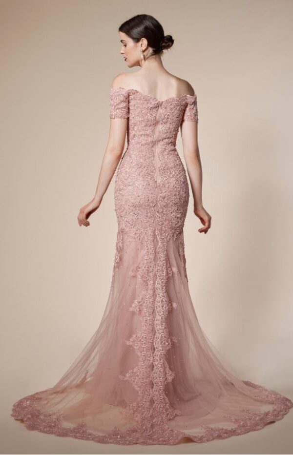 back of dusty rose lacy dress