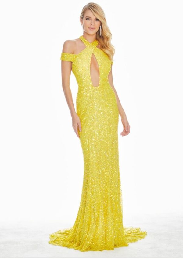 yellow sequined dress with keyhole bustier
