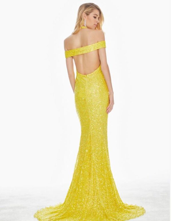 back of yellow sequined dress