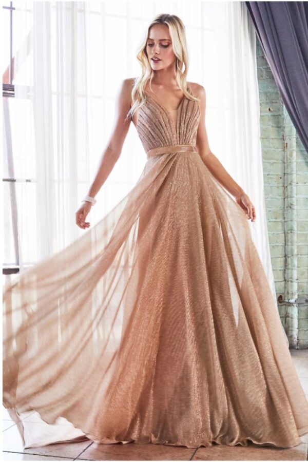 Model wears rose-gold metallic gown