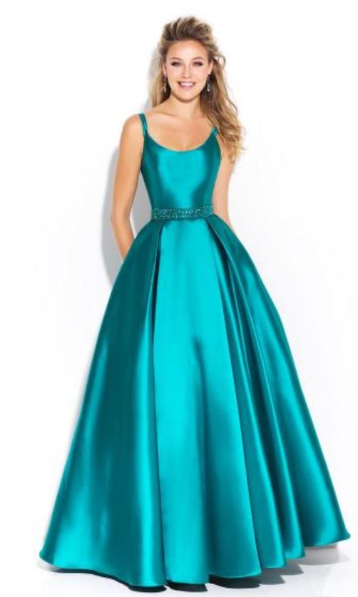 model wears turquoise ballgown