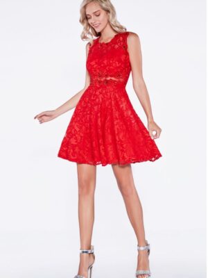 model wears short red dress