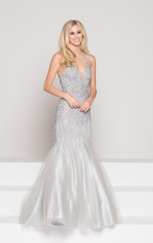 Model wears elegant silver mermaid dress