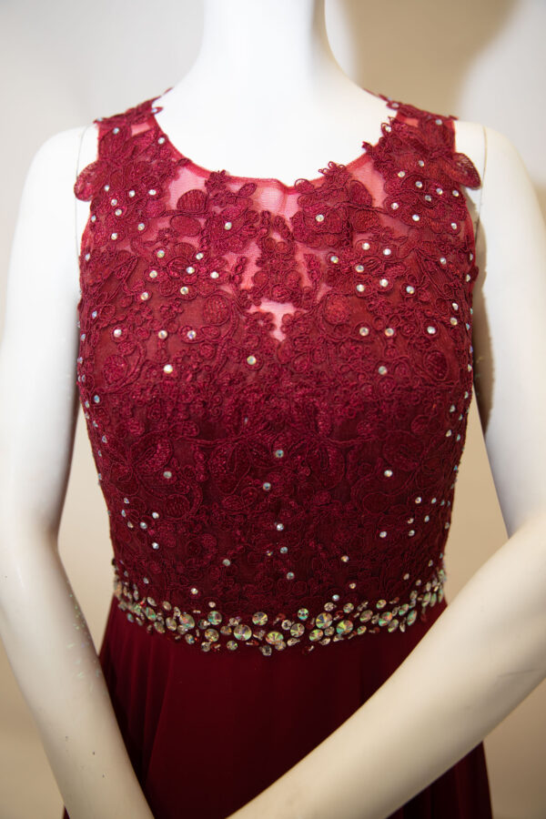 Closeup of burgundy gown