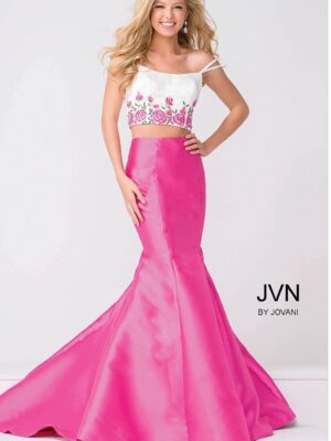 Model wears two-piece pink dress