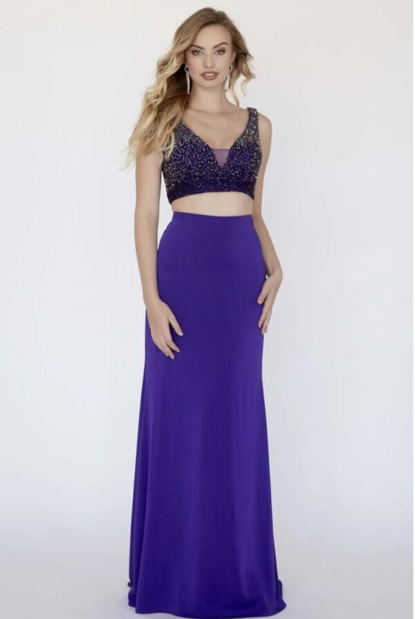 Two-piece purple dress on model