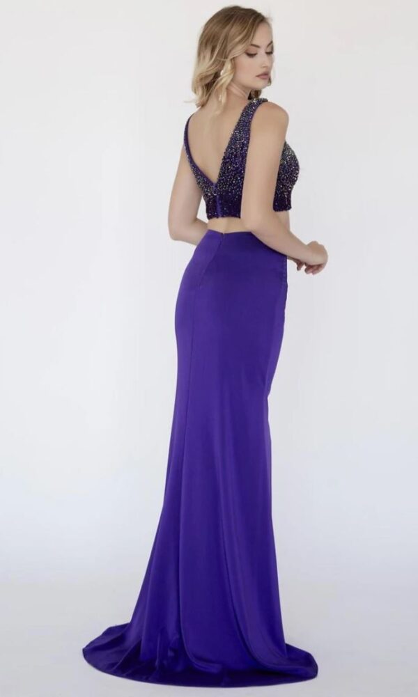 back of two-piece purple dress