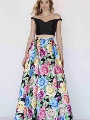Model wears two-piece dress with floral skirt