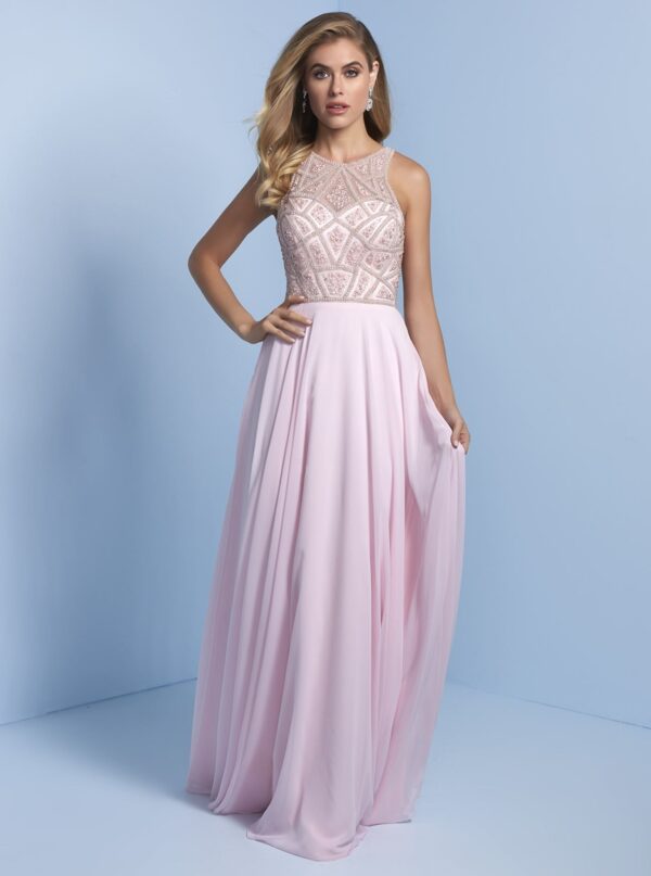 model wears pink chiffon dress