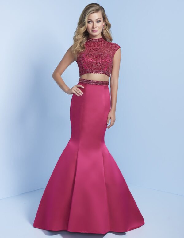 model wears pink mermaid dress