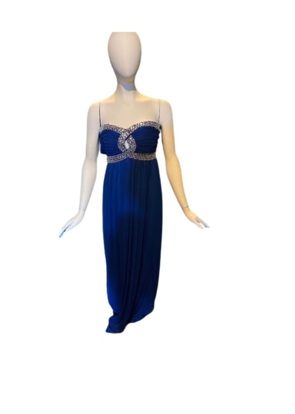 mannequin wears blue strapless dress