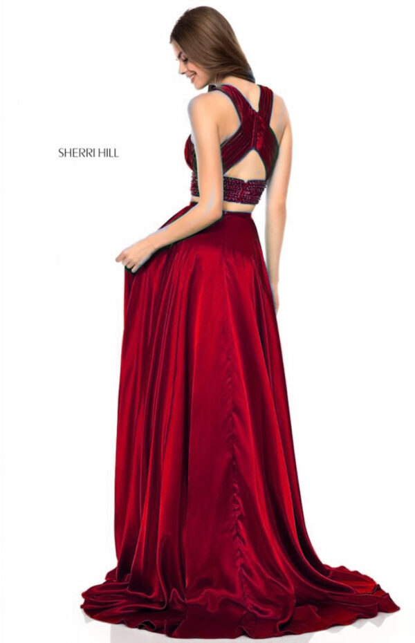 back of red two-piece dress