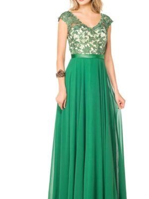 Model wears green lacy dress