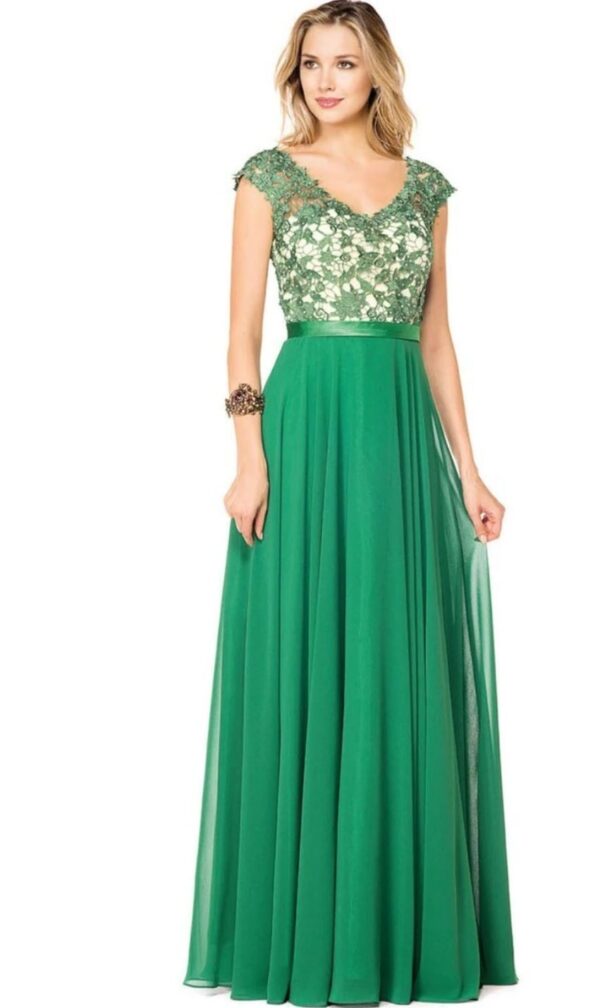 Model wears green lacy dress