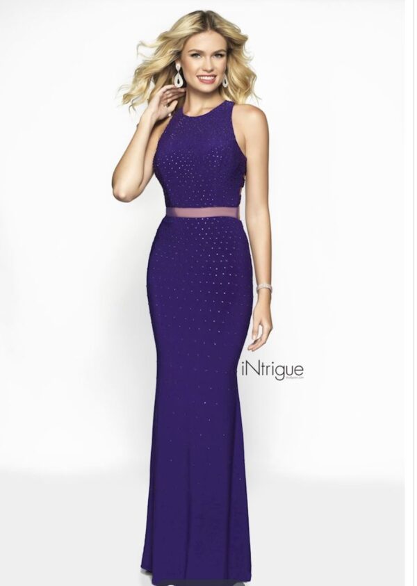 Model wears purple gown