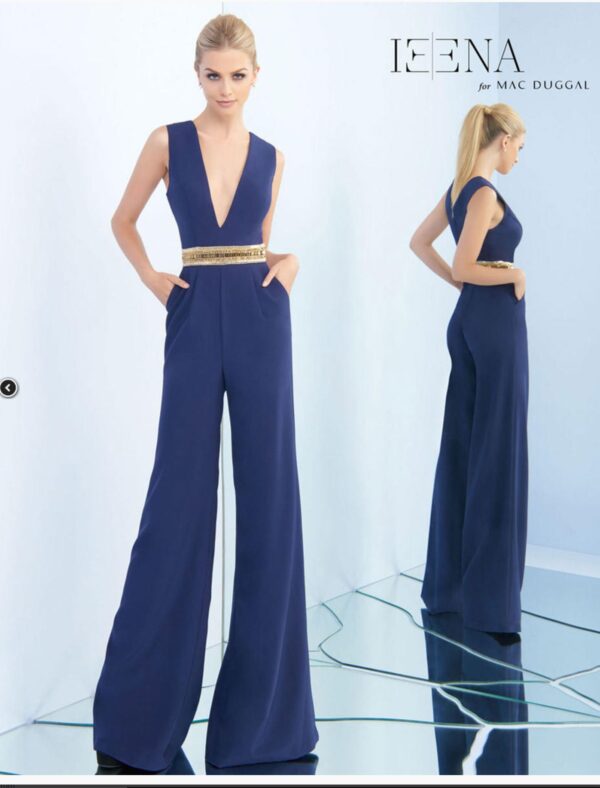 model wears navy blue pantsuit