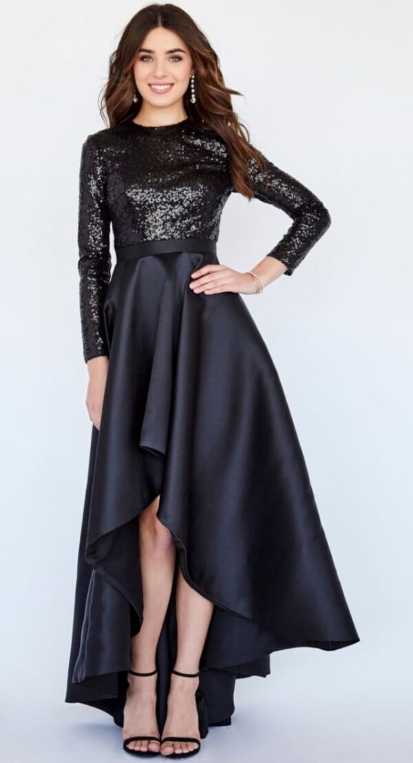 model wears black high-low dress
