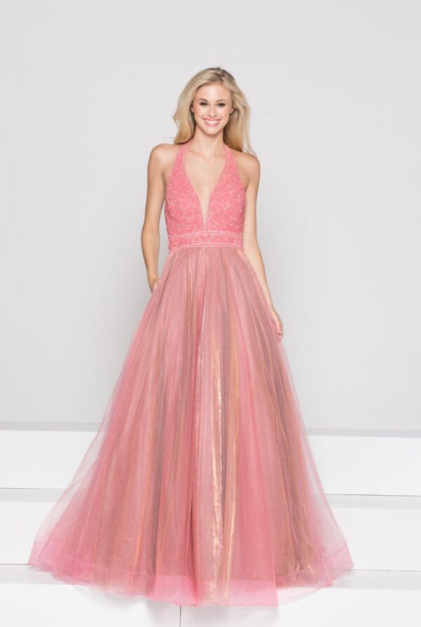 beaded pink dress on model