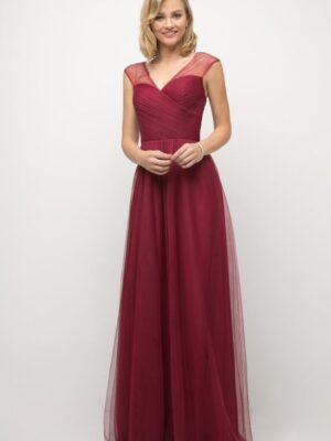 Burgundy tulle dress on model