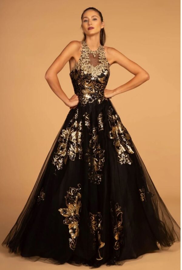 black and gold dress on model