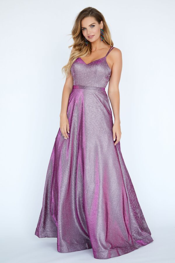 glitter purple ballgown on model