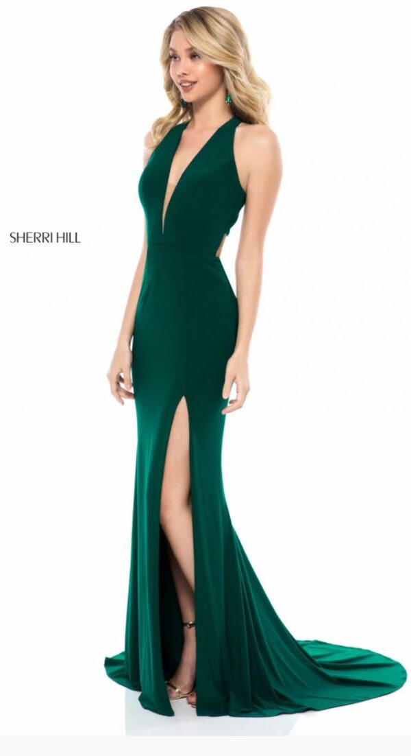 teal dress with slit on model