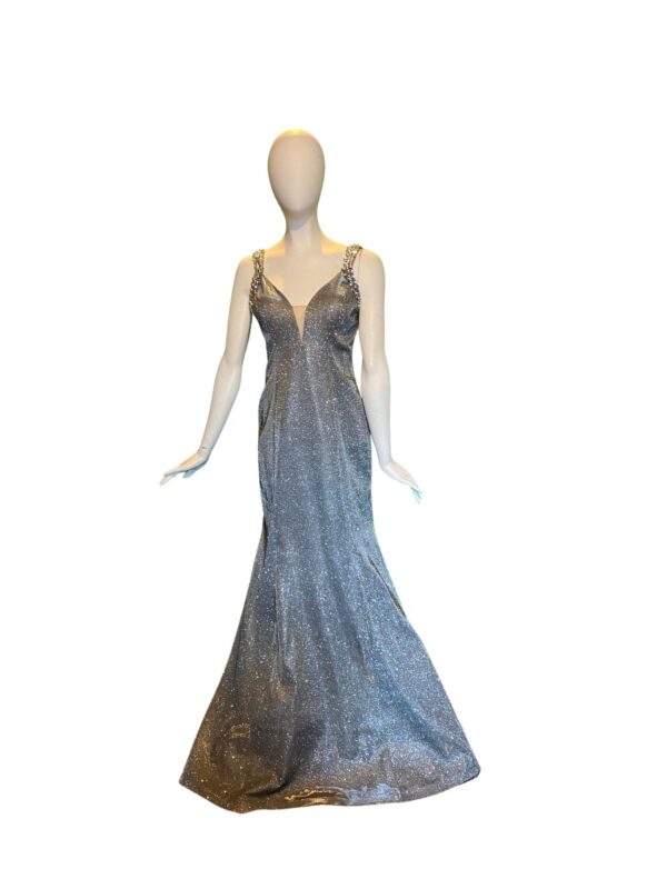 front of silver dress on mannequin