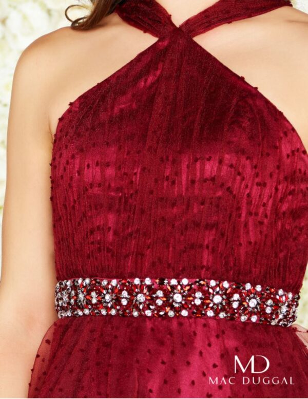 closeup of burgundy gown