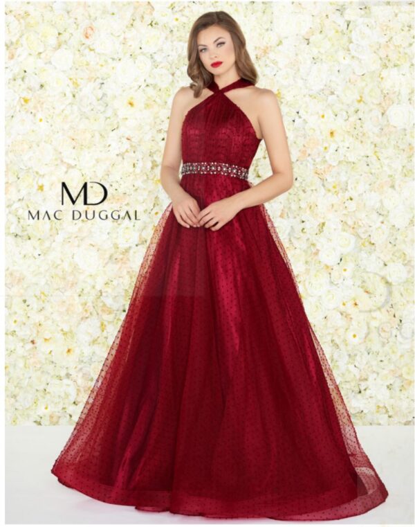 burgundy gown on model
