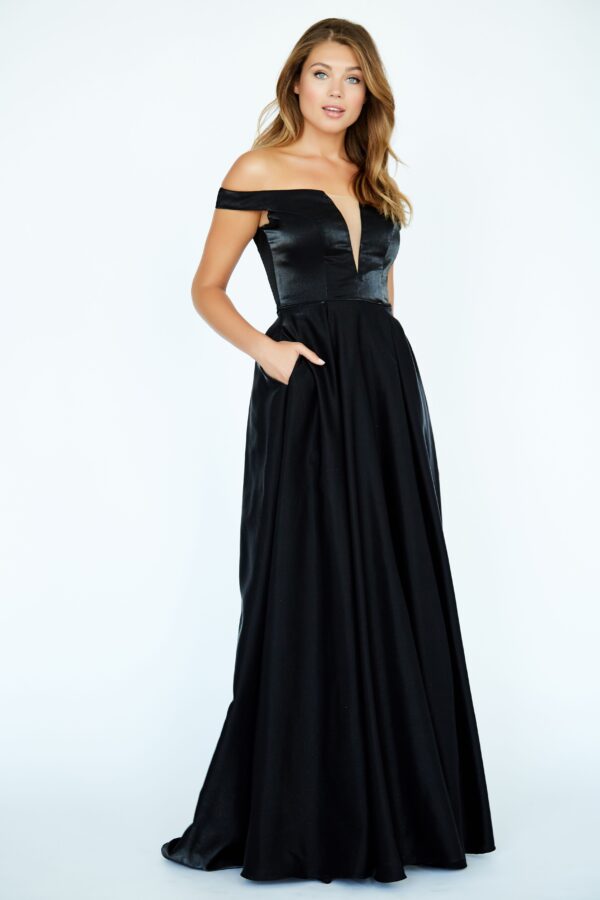 black shimmery gown on model