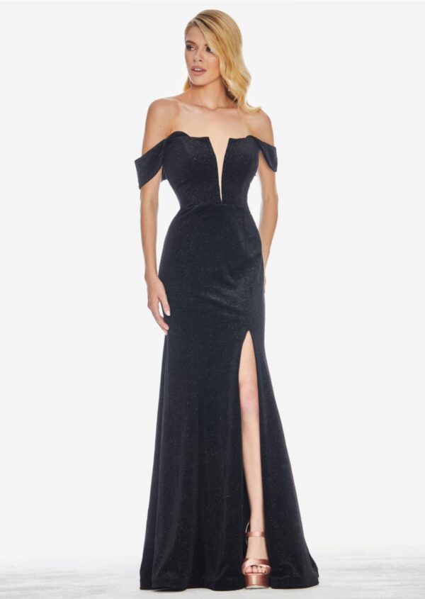 black off-the-shoulder gown on model