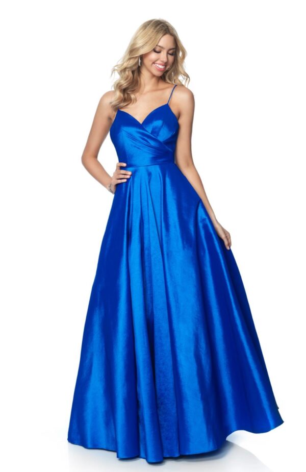 blue satin dress on model