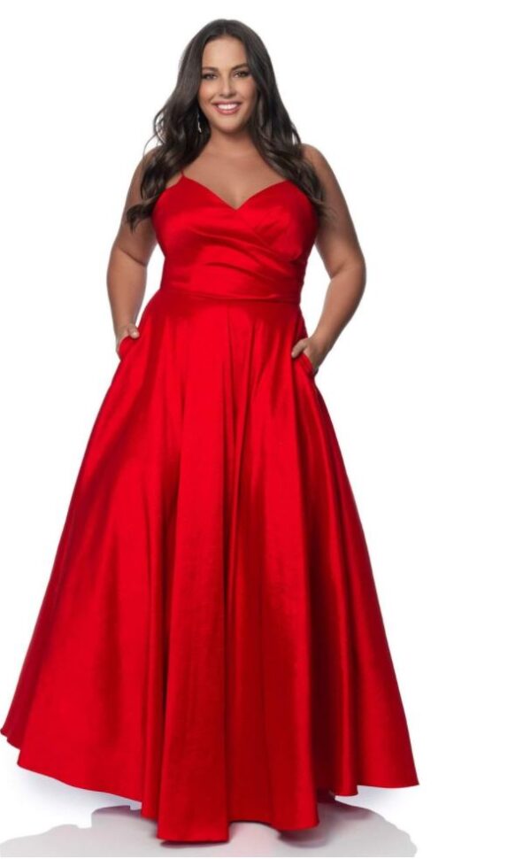 satin red dress on model