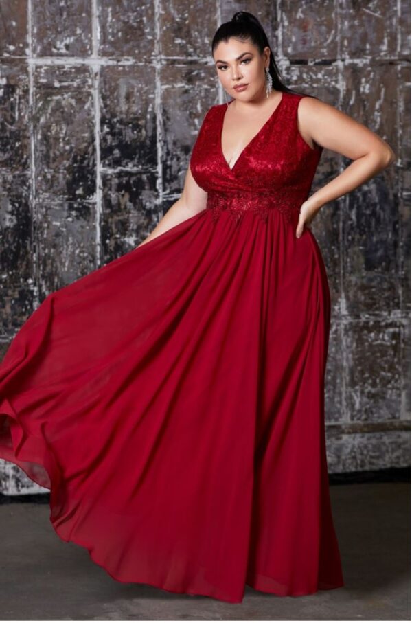 burgundy chiffon dress on model