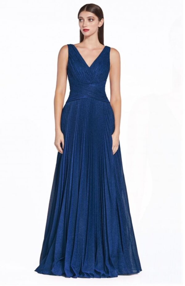 blue metallic dress on model