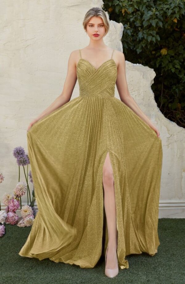 gold metallic dress on model