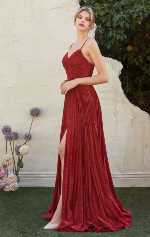 red metallic dress on model