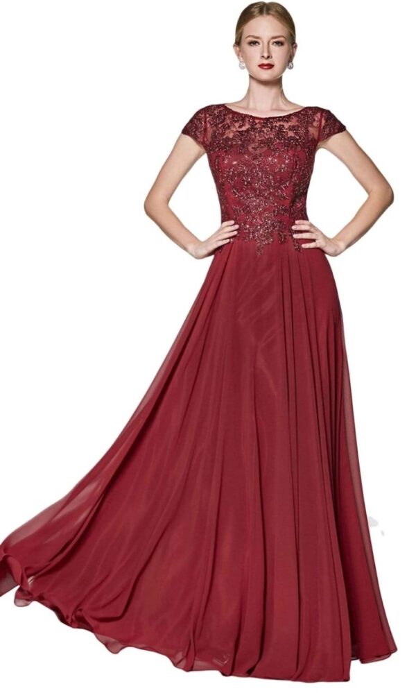 burgundy gown with cap sleeves