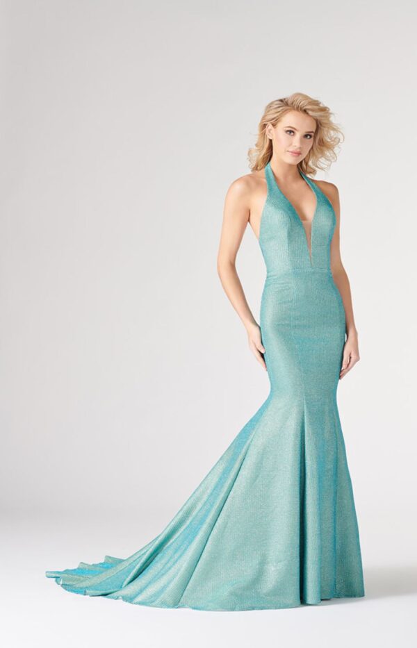 teal mermaid dress on model