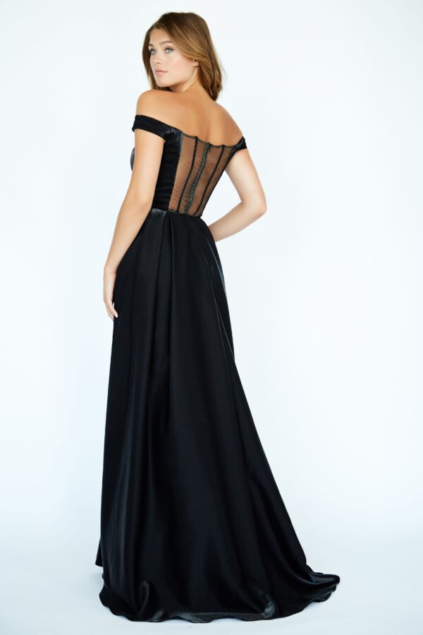 back of black gown showing sheer back