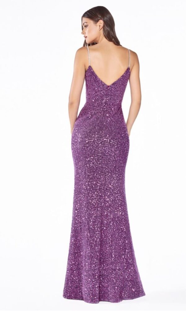 back of purple sequined dress
