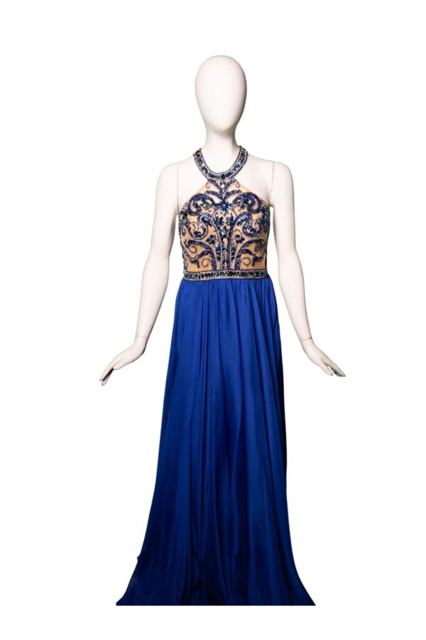 beaded blue gown on mannequin
