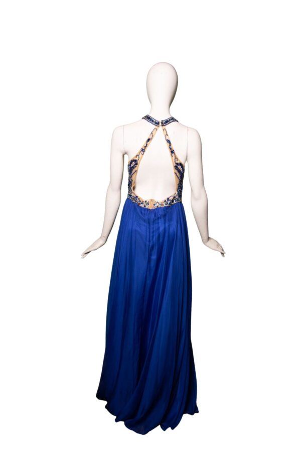 Back of sapphire flowing dress